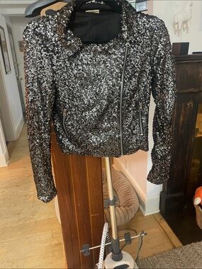 Noisy May Silver Sequin Asymmetrical Moto Jacket